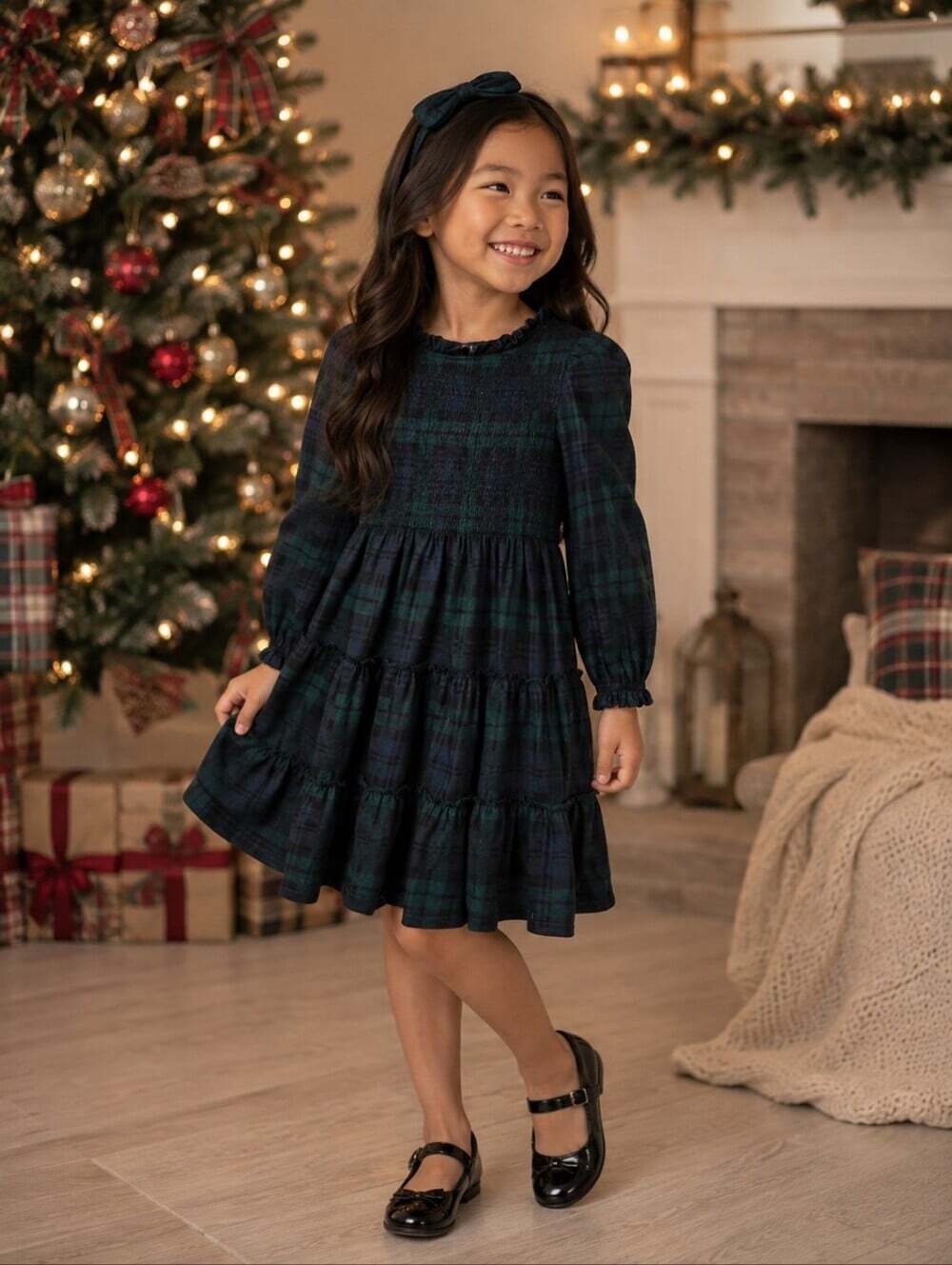 Polo Ralph Lauren Girls Green Blackwatch Plaid Smocked Tiered Dress Size 6